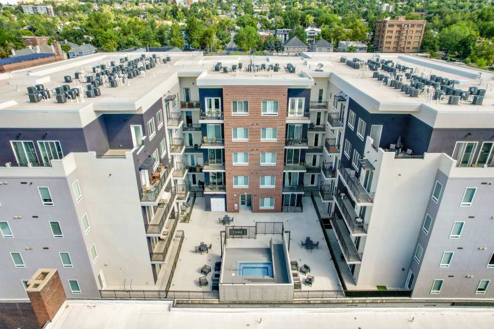 Aerial view of community spa and firepit lounges at The Hardison in Salt Lake City, Utah