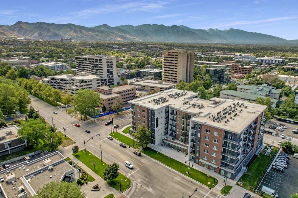 Aerial of property and mountains at The Hardison in Salt Lake City, Utah