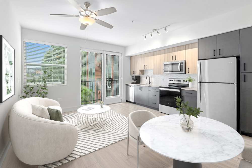 Spacious living room and kitchen at Radiate in Redmond, Washington