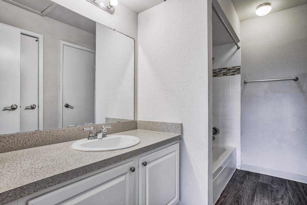 Apartment bathroom at Branch Creek Apartments in Carrollton, Texas