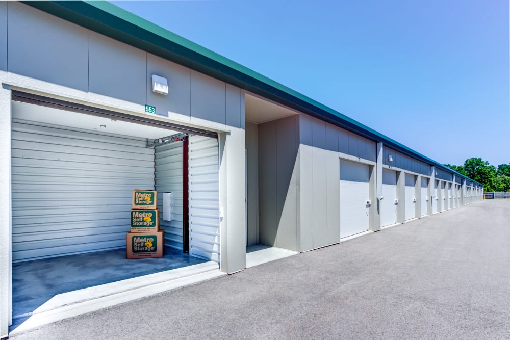 Open exterior unit with packages at Metro Self Storage in Deerfield, Illinois