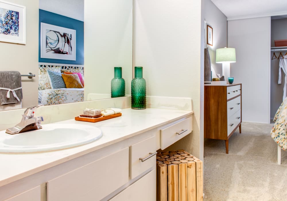 Partial view of the master bedroom from the en suite bathroom of a model home at Sofi Dublin in Dublin, California