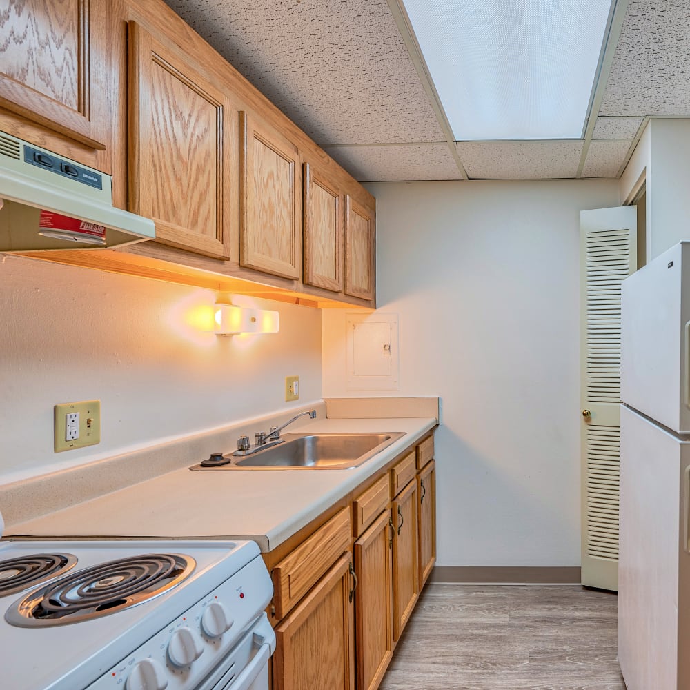 Modern kitchen with wood cabinets at Towne Centre Place in Ypsilanti, Michigan