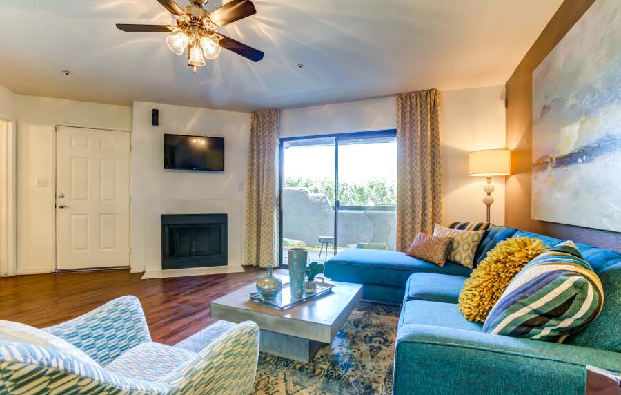Modern and spacious living room at Cabrillo Apartments in Scottsdale, Arizona