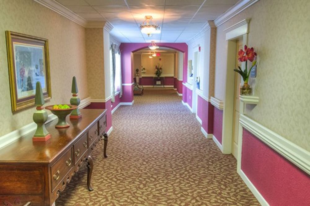 Hallway in senior living apartments at Mansion at Waterford Assisted Living in Oklahoma City, Oklahoma