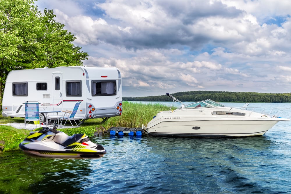 An RV and a boat out of storage at Stor-Room Mini Storage in Troutdale, Oregon