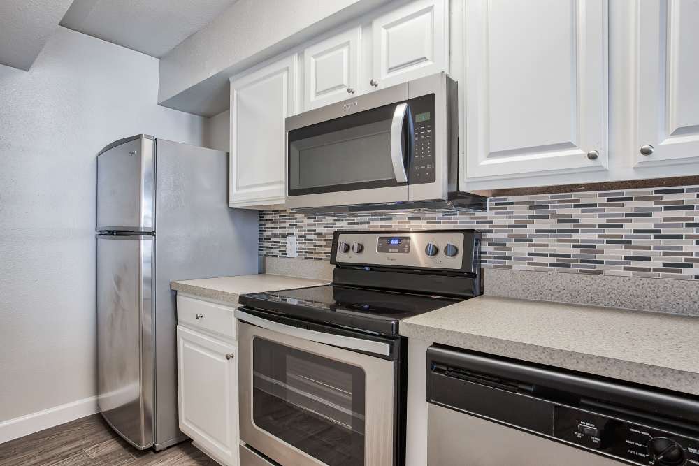 Stainless-steel appliances and granite countertops in the kitchen at Branch Creek Apartments in Carrollton, Texas