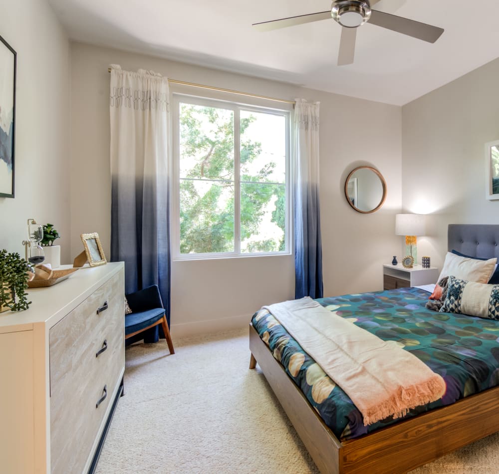 Bedroom with plush carpeting and a ceiling fan at Sofi Shadowridge in Vista, California