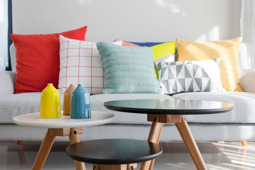 Model living room furniture at Metro 5514 in Houston, Texas