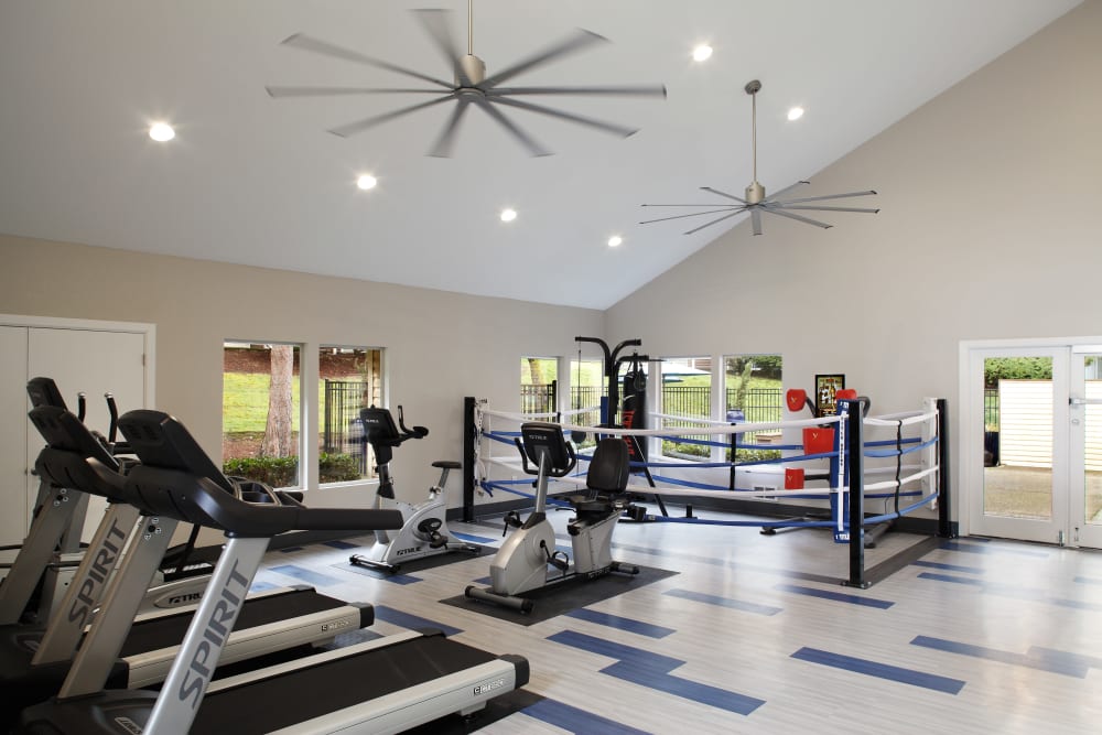 Clean, modern community gym at Park South Apartments in Seattle, Washington