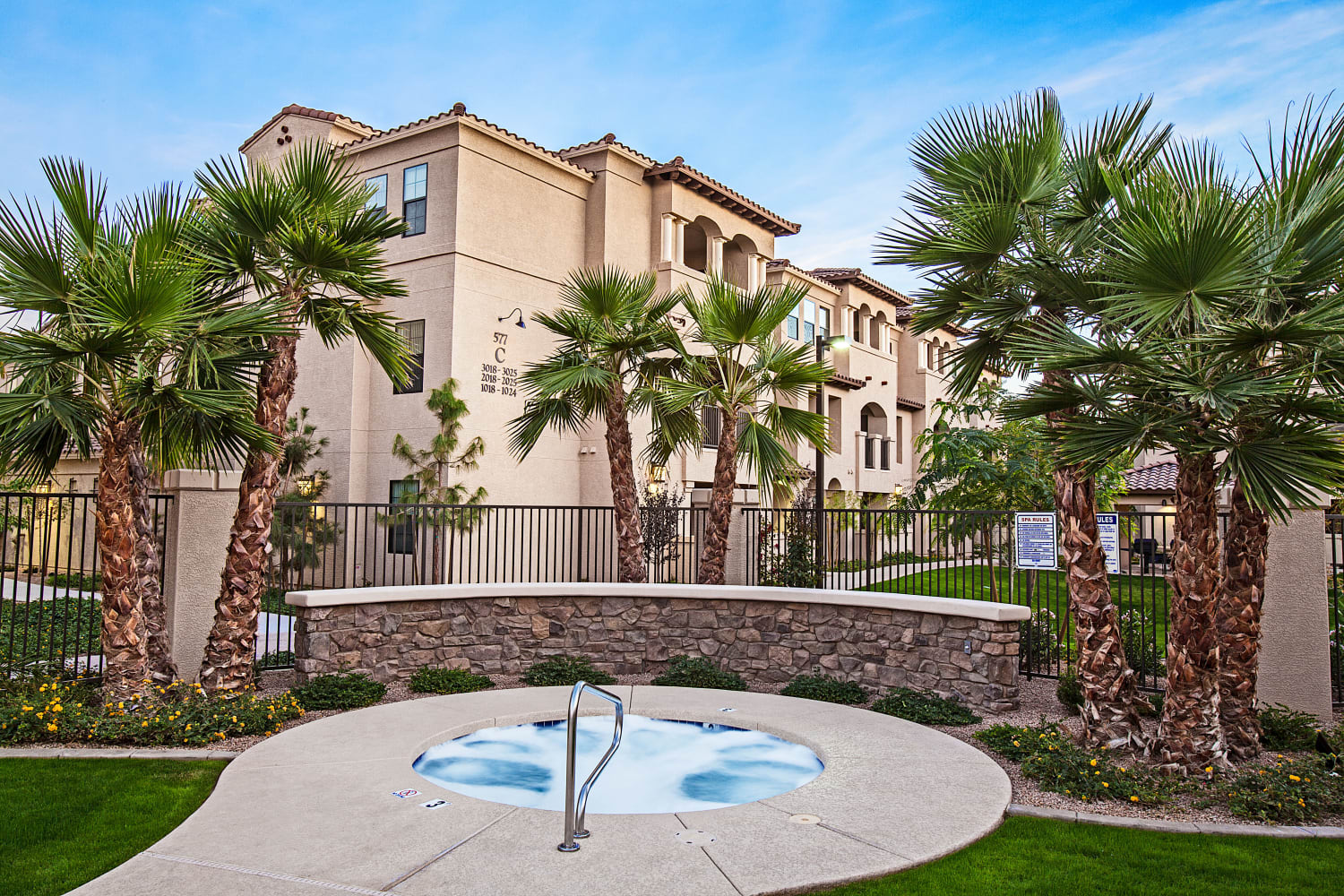 Palm trees and beautifully landscaped grounds at San Marquis in Tempe, Arizona