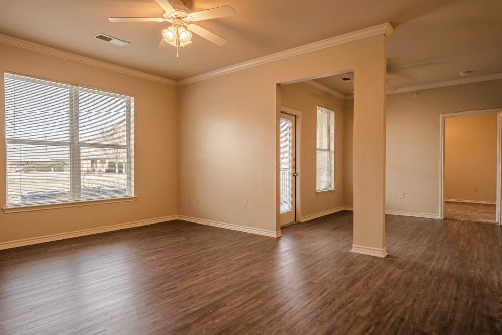 Hardwood plank flooring and nine foot ceilings of apartment at Blue Ridge in Midland, Texas