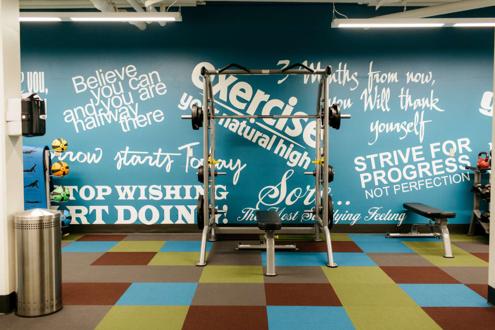 State of the art fitness center with bright decor at MOD Apartments in Seattle, Washington