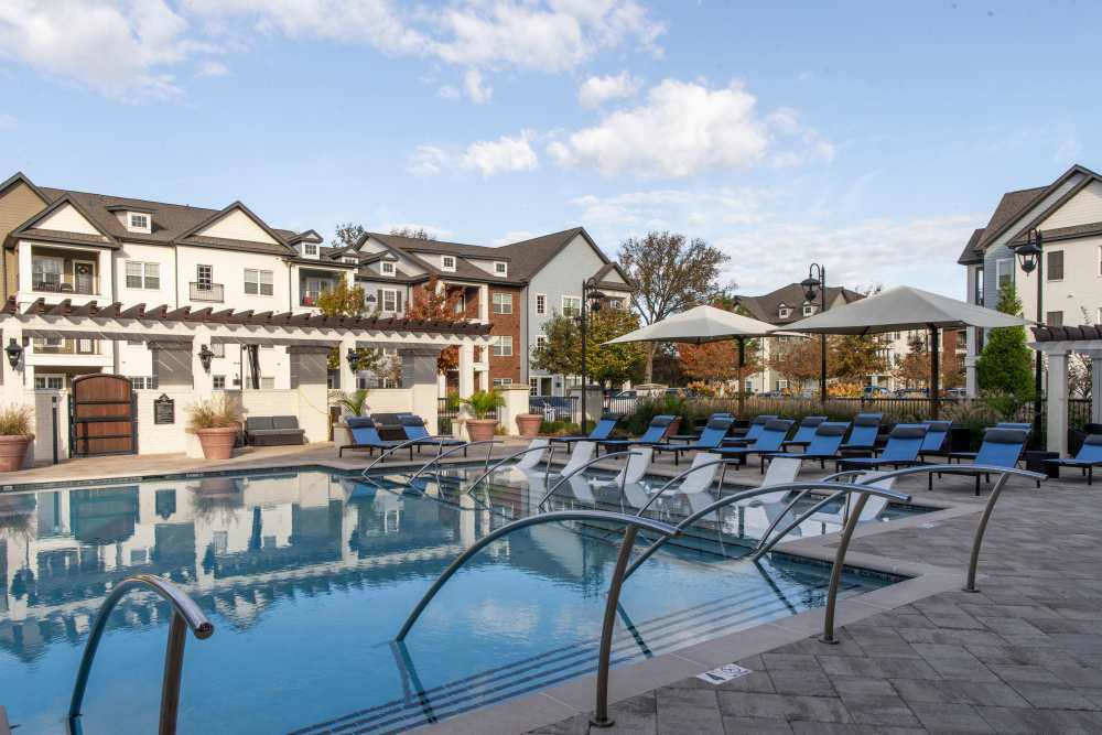 Swimming pool with lounge chairs and umbrellas at Springfield Apartments in Murfreesboro, Tennessee
