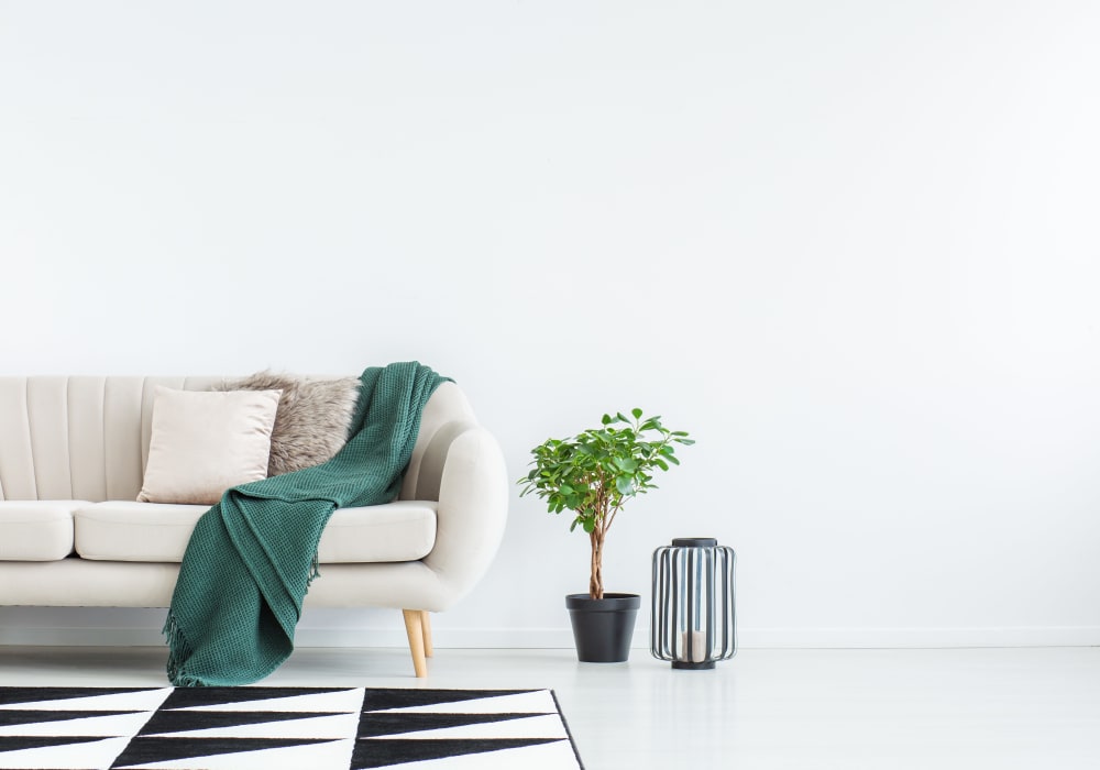 Minimalist decor in the living area of a model home at Sofi Warner Center in Woodland Hills, California