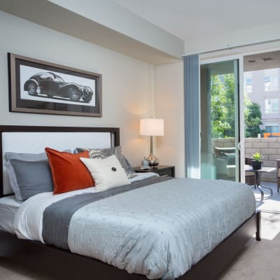Master bedroom with back patio access at Sofi Riverview Park in San Jose, California