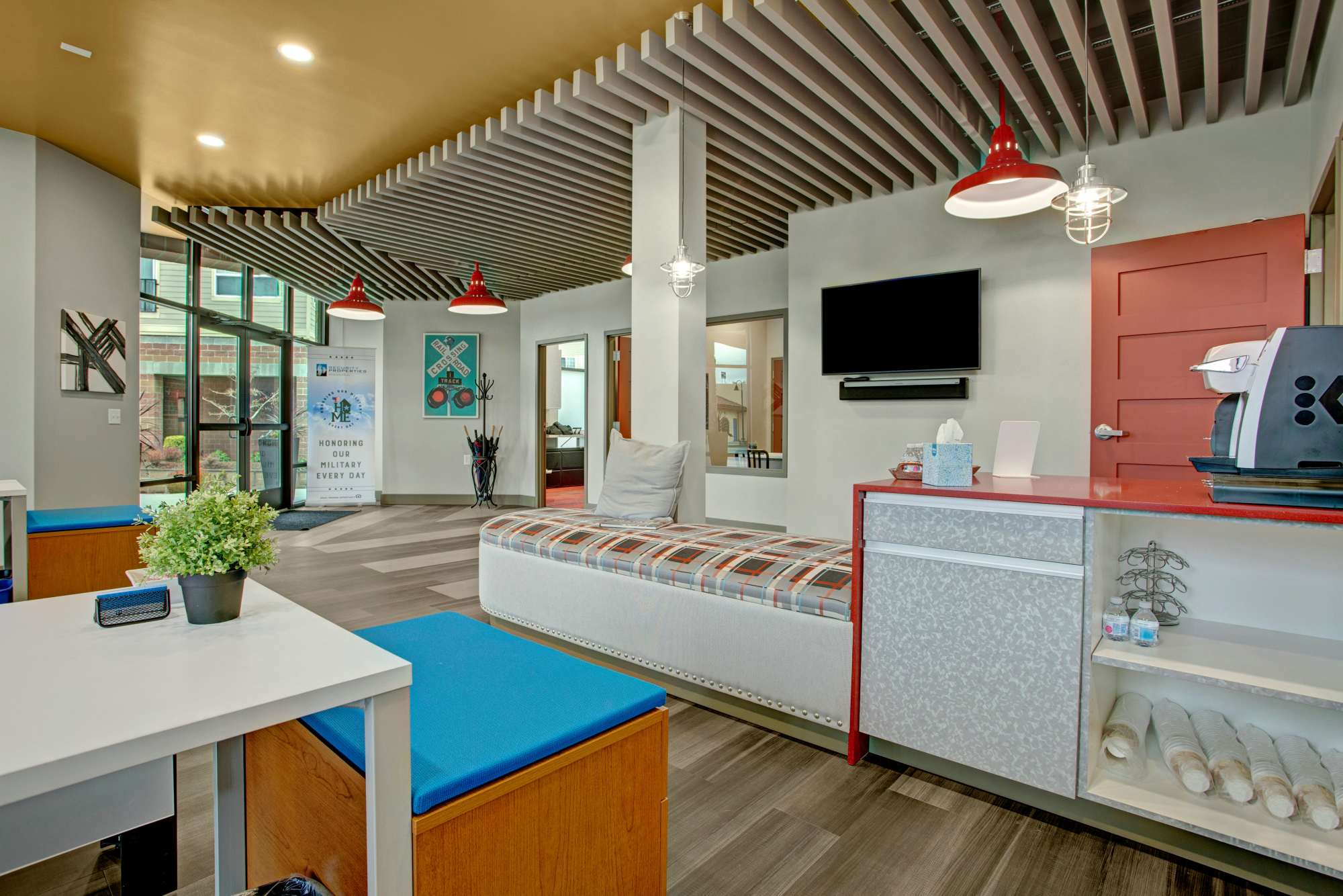 Clubhouse with table and chair at Trax at Dupont Station in Dupont, Washington