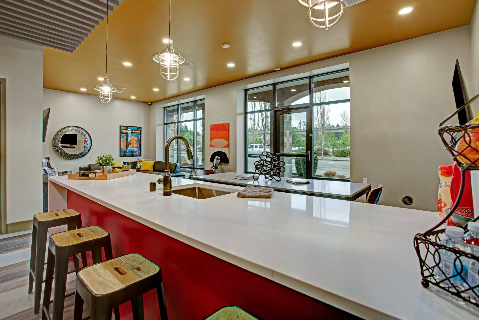 Open kitchen in a clubhouse at Trax at Dupont Station in Dupont, Washington