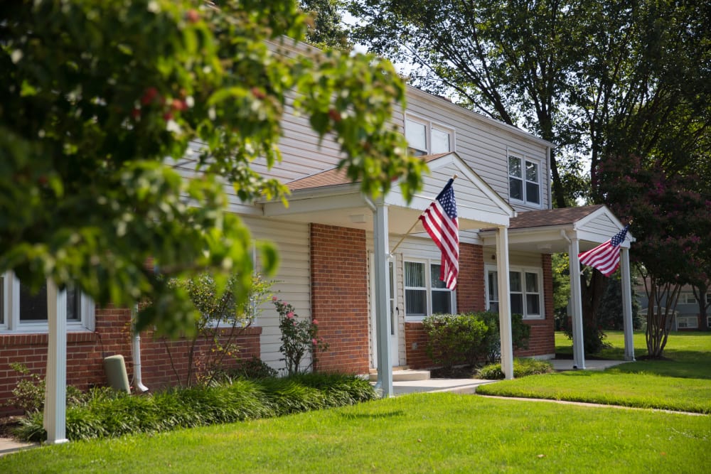 Flags hanging outside of homes at North Severn Village in Annapolis, Maryland