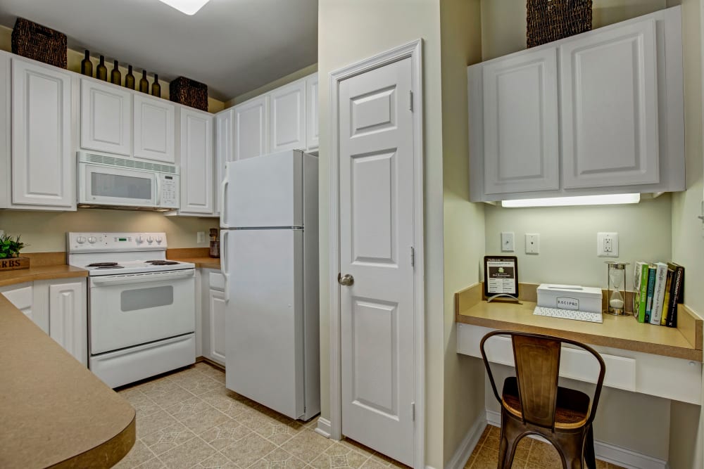 Model kitchen and work station at Windsor Commons Apartments in Baltimore, Maryland