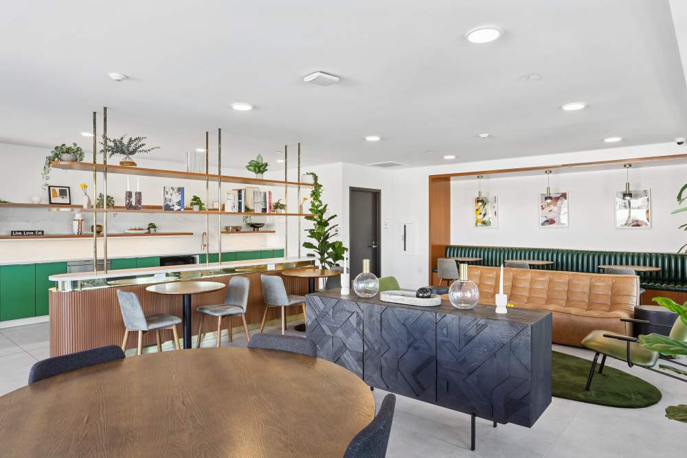 Clubhouse kitchen with barstools at Mily on Green in Philadelphia, Pennsylvania