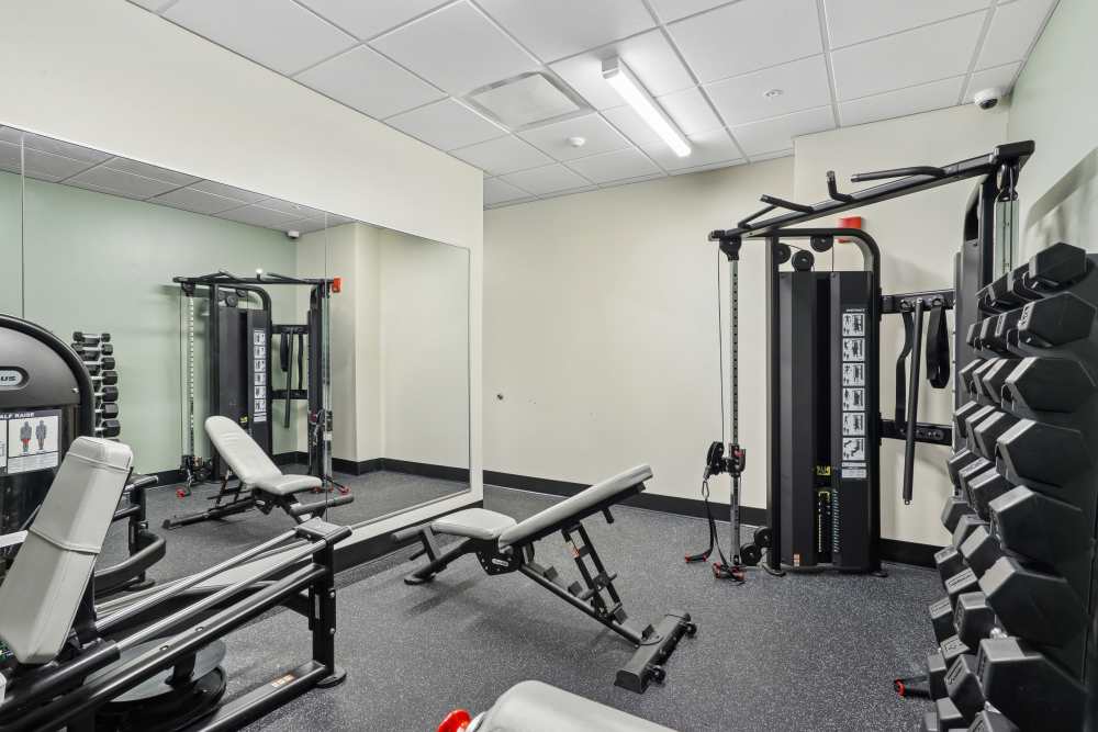 Fitness center with various equipment at Mily on Green in Philadelphia, Pennsylvania