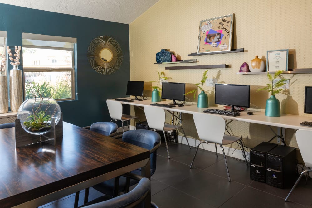 Business center with personal computers for resident use at Callaway Apartments in Taylorsville, Utah