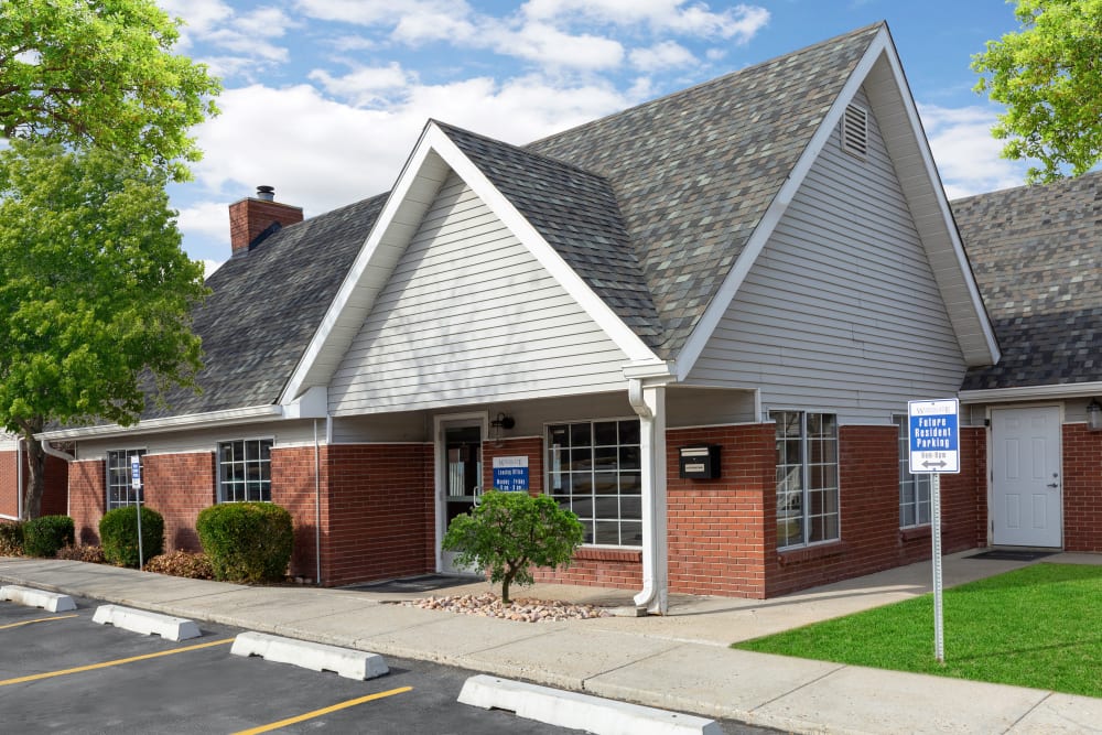 The entrance of the leasing office at Windgate Apartments in Bountiful, Utah