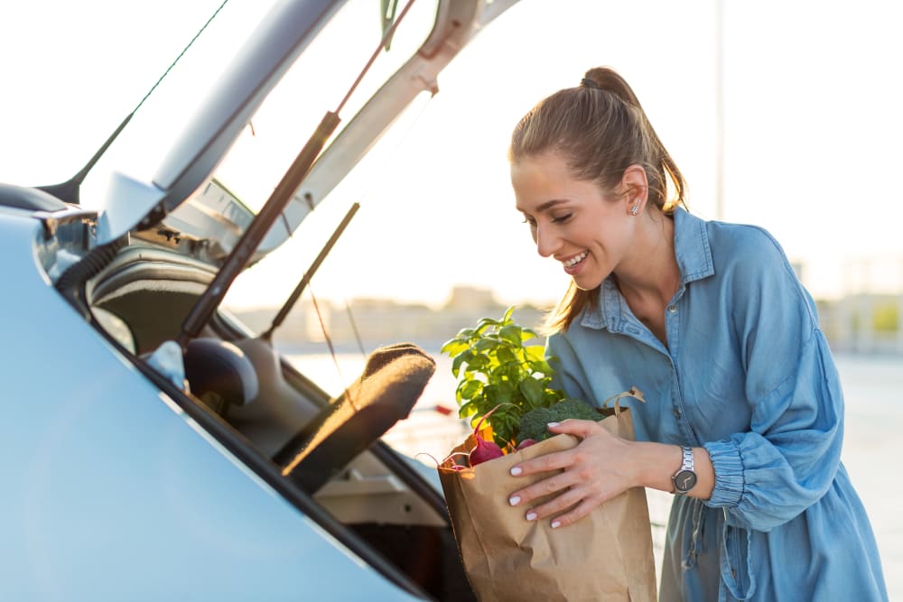 A women unloading groceries from her car at Natomas Park Apartments in Sacramento, California