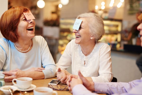 Two smiling residents playing a game at Randall Residence of West Milton in West Milton, Ohio