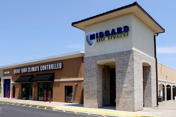 Storage units with purple doors at Midgard Self Storage in Jacksonville, Florida