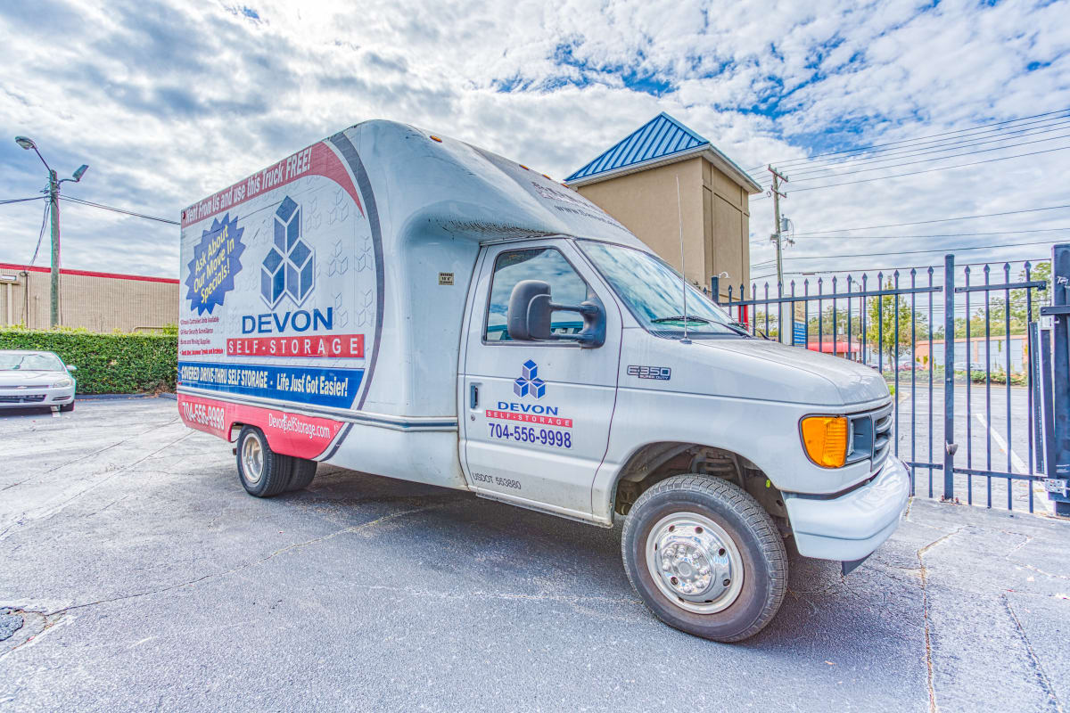A moving truck available at Devon Self Storage in Charlotte, North Carolina