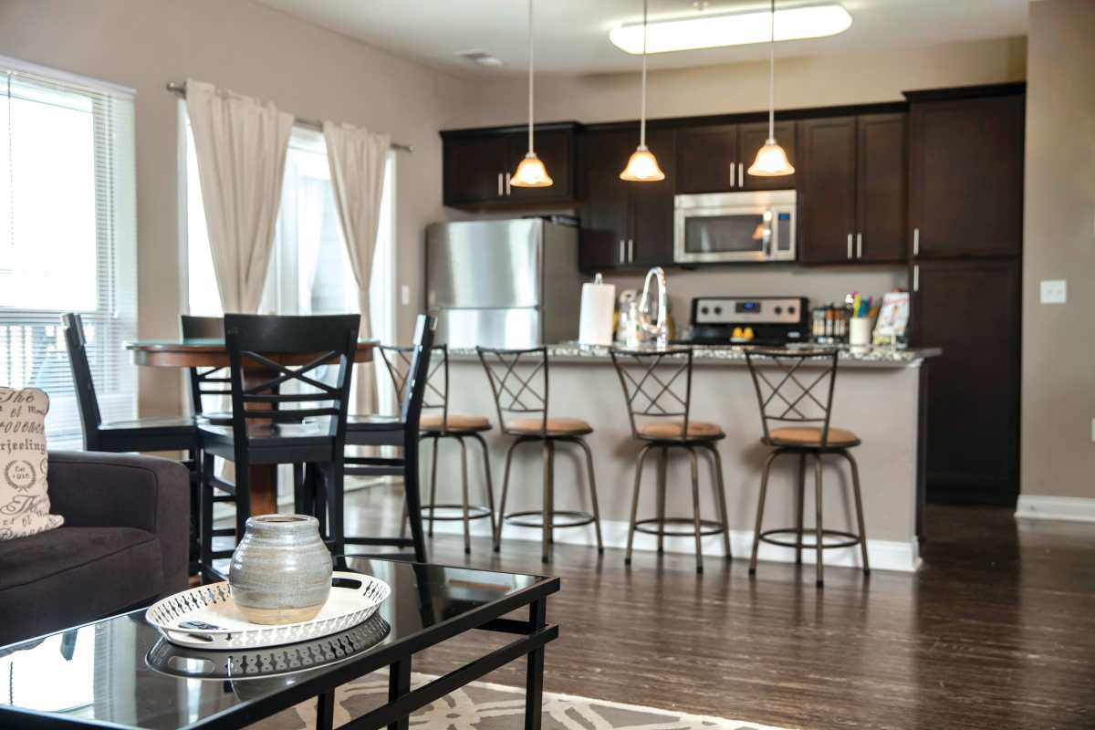 View of spacious island kitchen at Brookside Downtown in Columbia, Missouri,