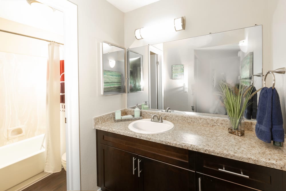 Spacious bathroom with a large counter and mirror at Callaway Apartments in Taylorsville, Utah