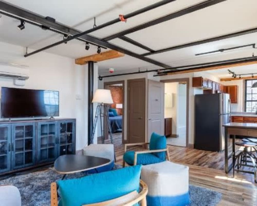 Open concept floor plan at Lofts at Cargill Falls Mill in Putnam, Connecticut