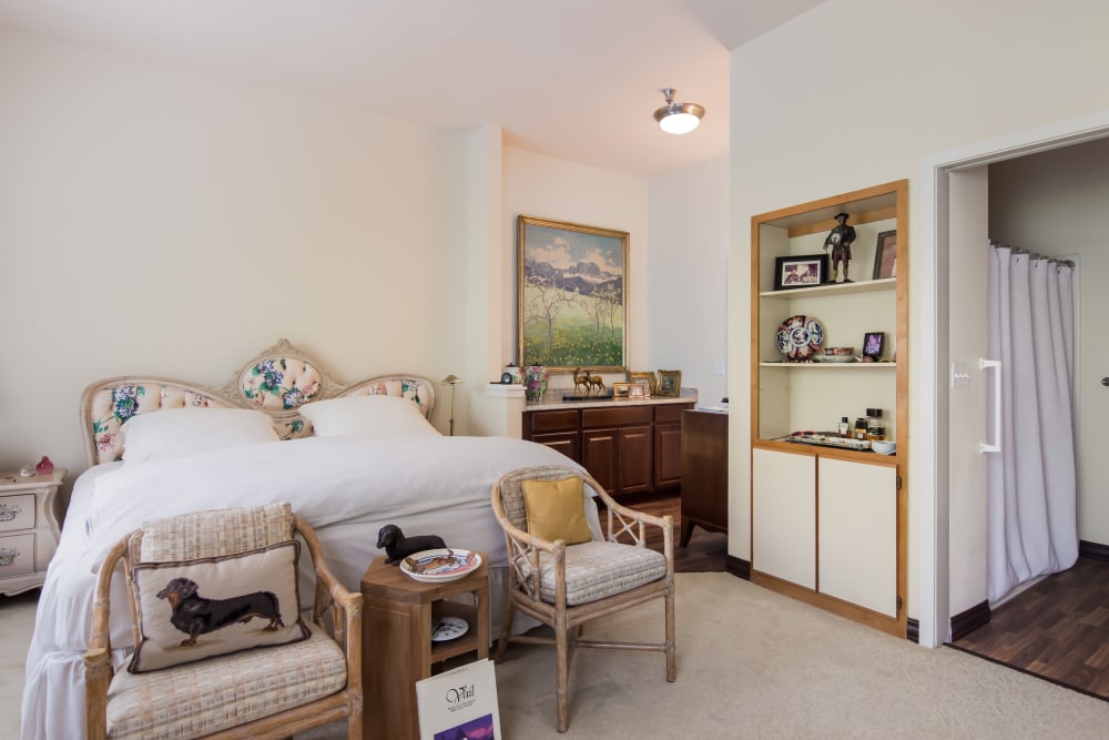 Bed in private apartment at Merrill Gardens at Sheldon Park in Eugene, Oregon. 