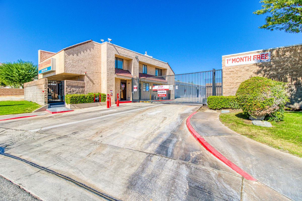 Front leasing office where a moving truck can be rented in Palm Springs, California at Devon Self Storage