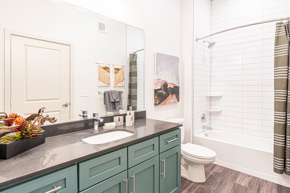 Full bathroom with blue-green accents at The Everett at Ally Village in Midland, Texas