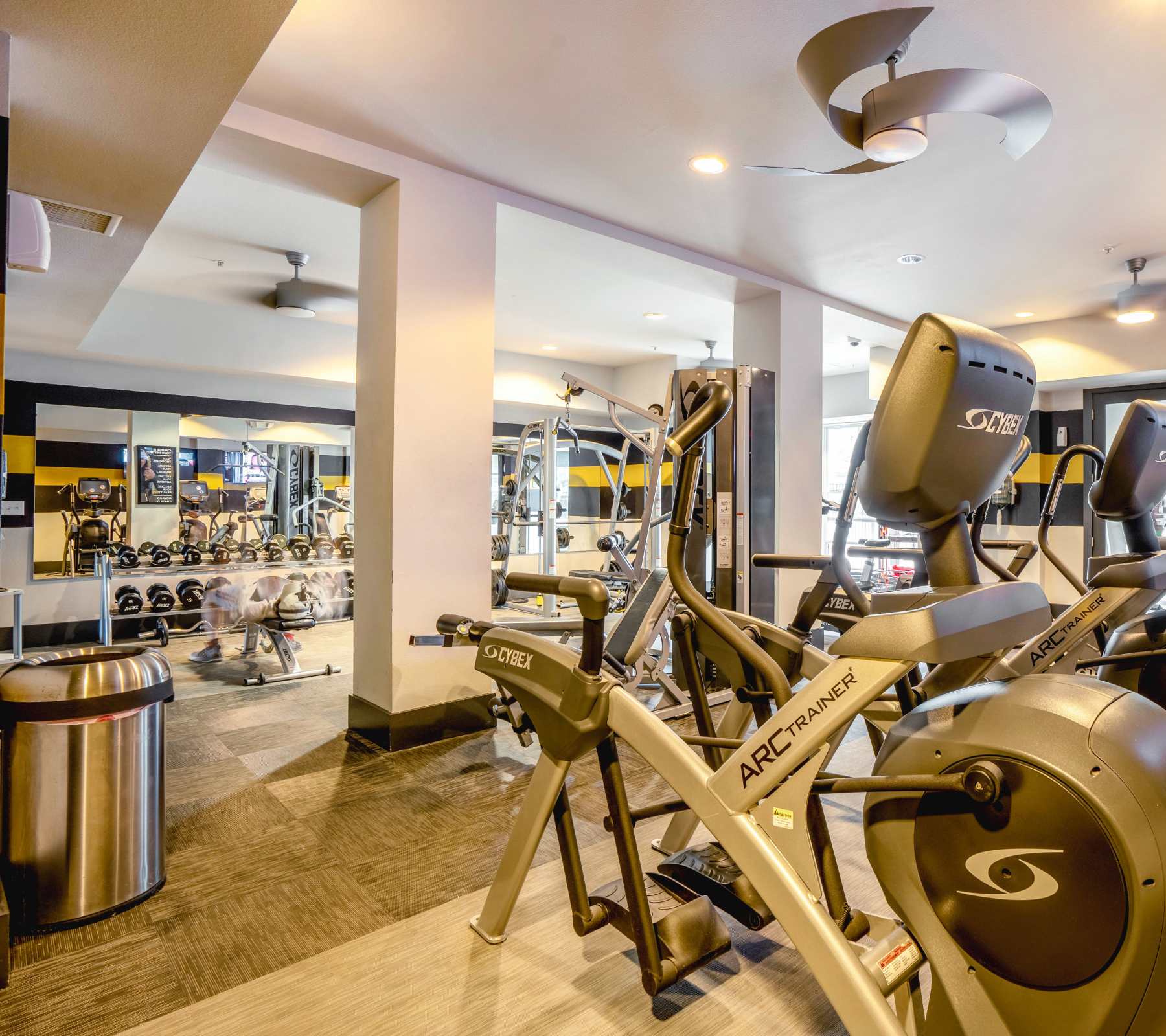 Very well-equipped onsite fitness center at The Den in Columbia, Missouri