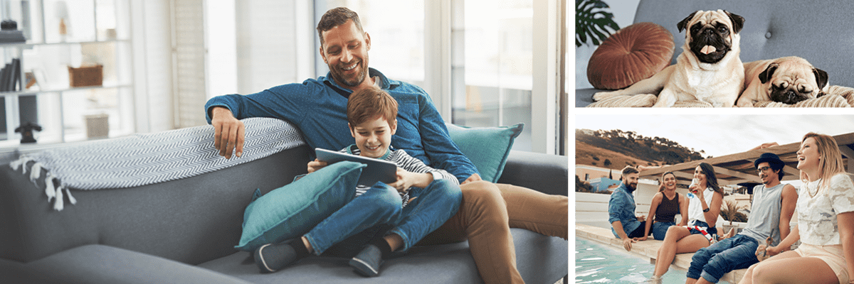 Father and son sitting a couch together at Harbor Group Management in Norfolk, Virginia