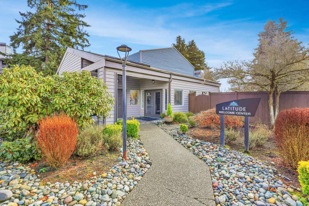Monument sign and landscaping at Latitude Apartments in Everett, Washington