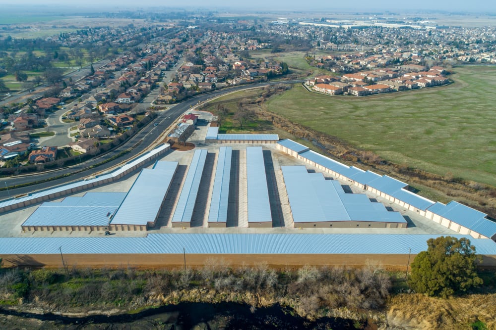 Aerial of outdoor storage units at Lincoln Ranch Self Storage in Lincoln, CA