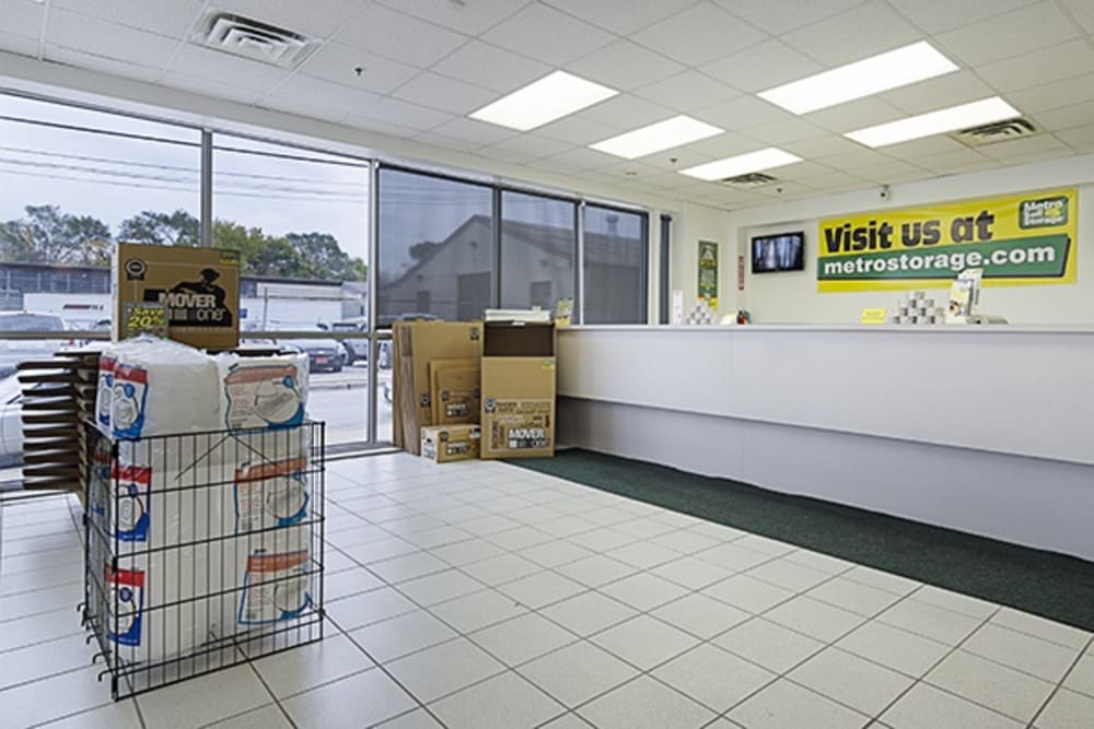 Office interior with packing and moving supplies for sale at Metro Self Storage in Chicago, Illinois
