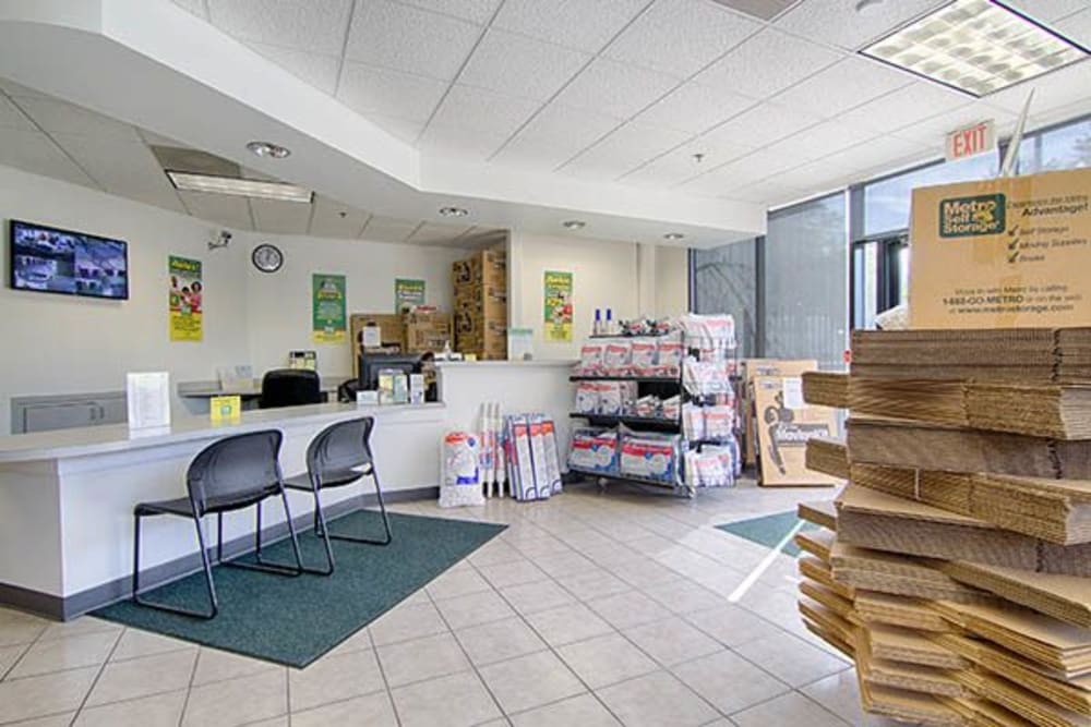 Leasing office reception at Metro Self Storage in Sandy Springs, Georgia offers packing and moving supplies