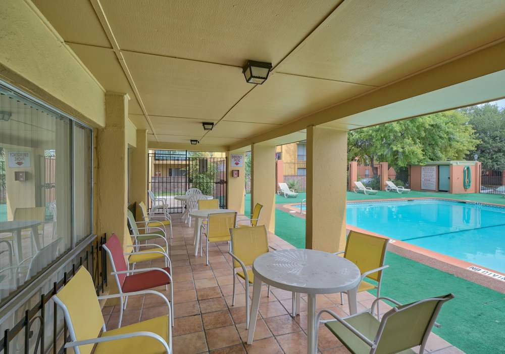 Sitting area with view of pool at Camino Real in El Paso. TX
