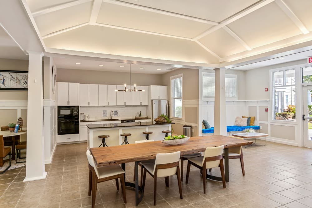 Long dining table in the clubhouse at Cottage Trails at Culpepper Landing in Chesapeake, Virginia