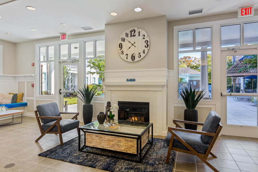 Seating by the fireplace at Cottage Trails at Culpepper Landing in Chesapeake, Virginia