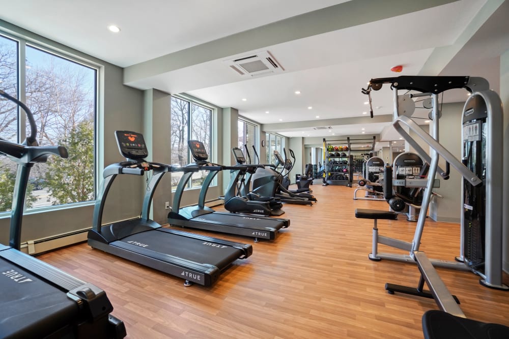 Exercise equipment in fitness center at Parkside Place in Cambridge, Massachusetts