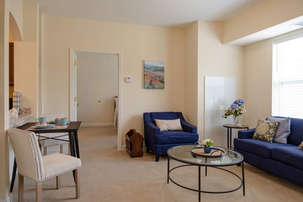 Cozy living room with couch and coffee table and window at The Harmony Collection at Roanoke - Assisted Living in Roanoke, Virginia