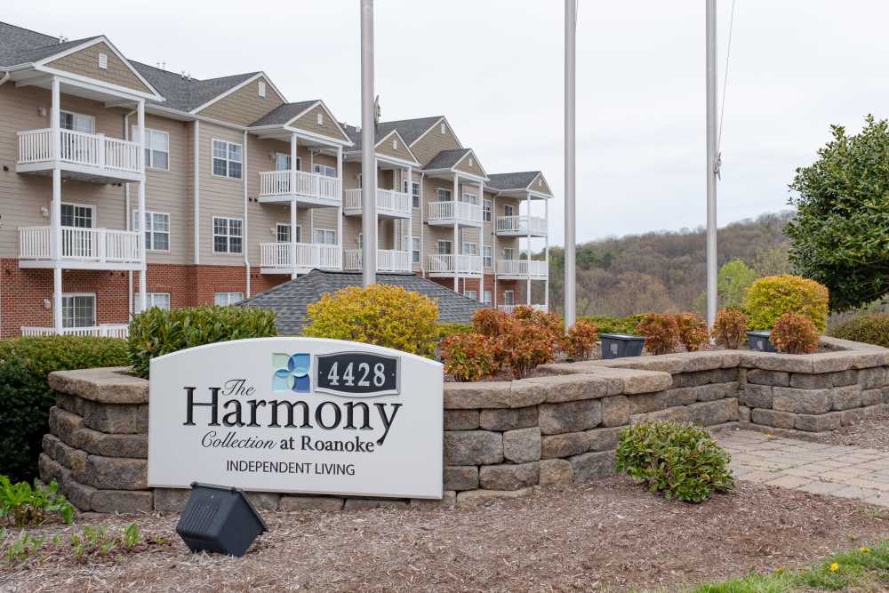 Signage outside of The Harmony Collection at Roanoke - Independent Living in Roanoke, Virginia
